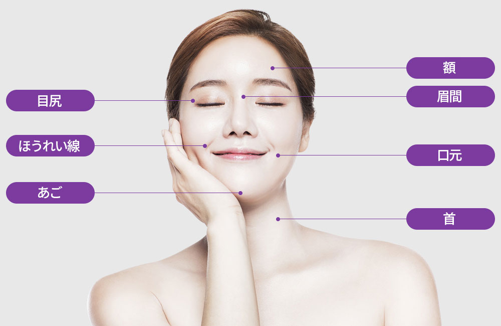 레이저 리프팅 시술부위 — 이마, 미간, 눈꼬리, 팔자주름, 입가, 턱, 목